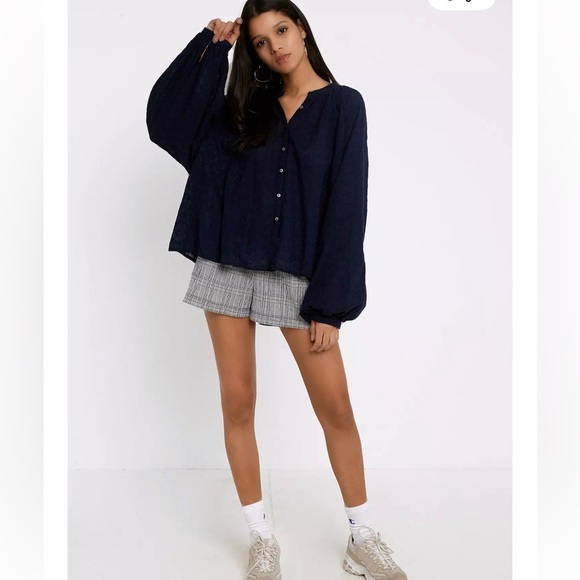 Free People Tops - Free People Top Women's Small Oversized Embroidered Eyelet Button Up Navy Blue